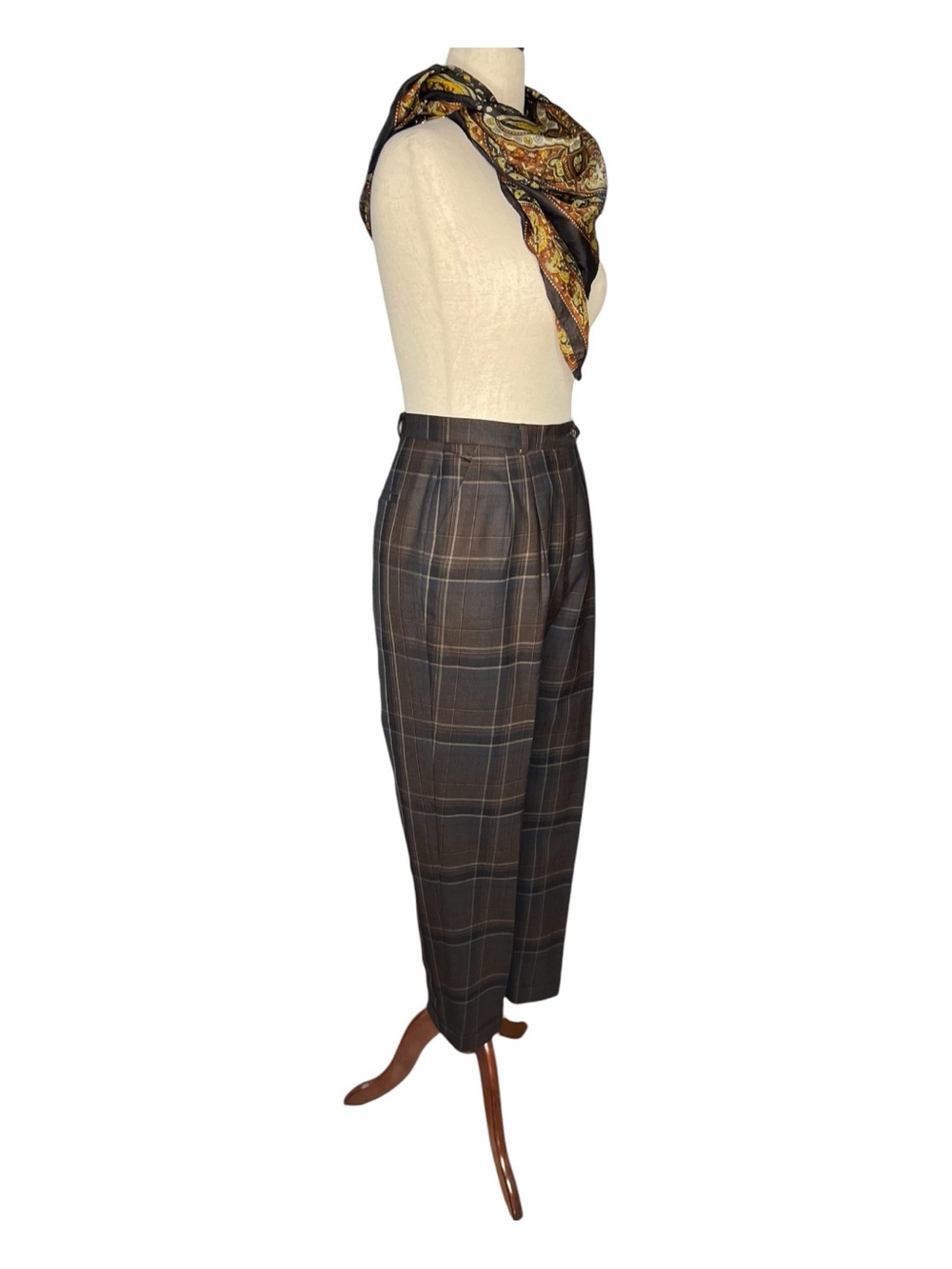 VINTAGE LAUREN RALPH LAUREN Y2K Womens Wool Brown Plaid Cuffed Pants Size 12 - Picture 2 of 12
